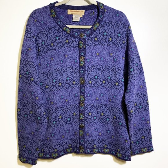 Norm Thompson Floral Knit Cardigan Blue 